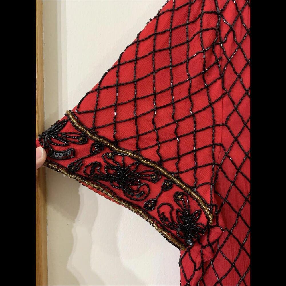 VTG Papell Boutique Womens Sz L 100% Silk Red Beaded Blouse Holiday Cocktail - Picture 4 of 9